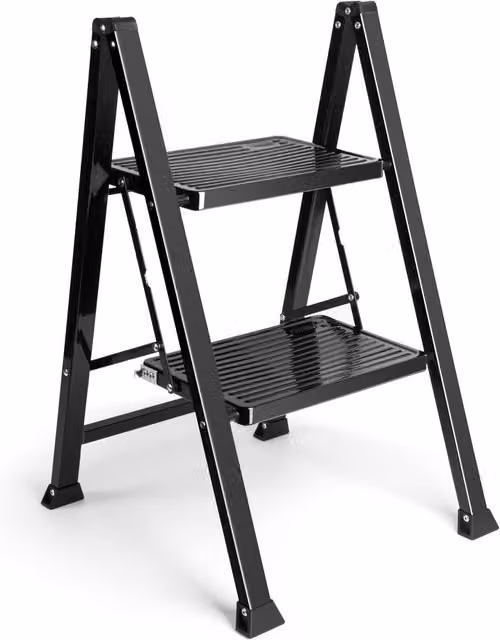 VonHaus Slim 2 Step Foldable Steel Ladder in Black with Rubber Feet