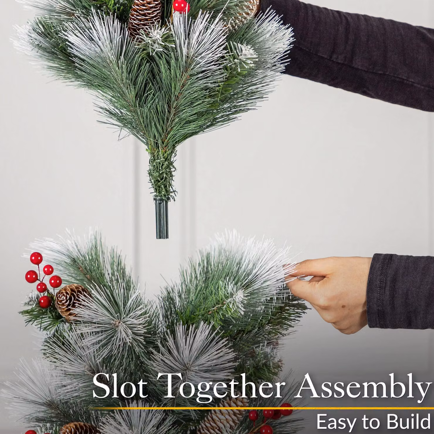 Christow Slim Artificial Pencil Christmas Tree with Snow, Cone and Berry Decorations in Green and Multicolour, Height: 152.4 cm – 5