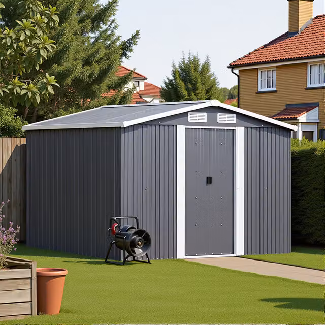 Breeins Metal Garden Storage Shed with Sliding Door and Side Vents, Charcoal Black