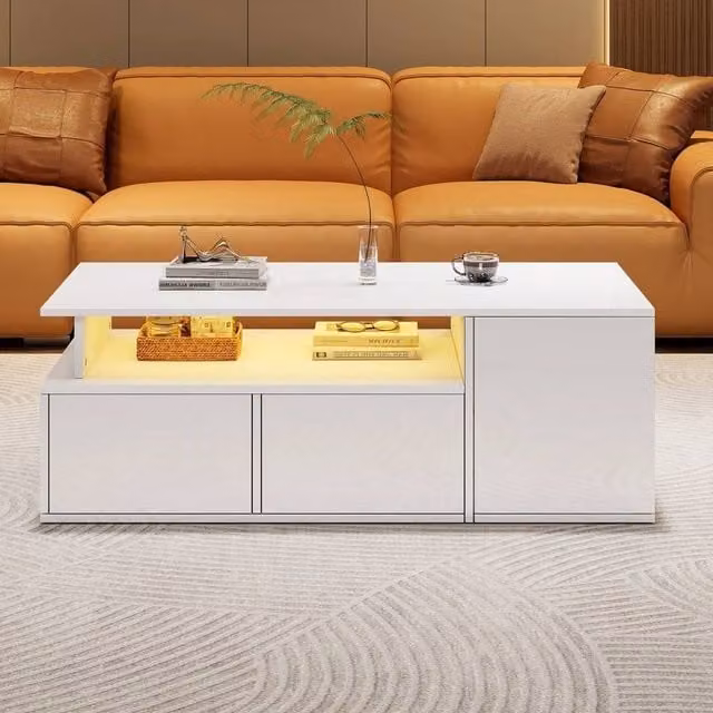 VOGREX White Glossy LED Coffee Table with 2 Storage Drawers and App-Controlled Lights