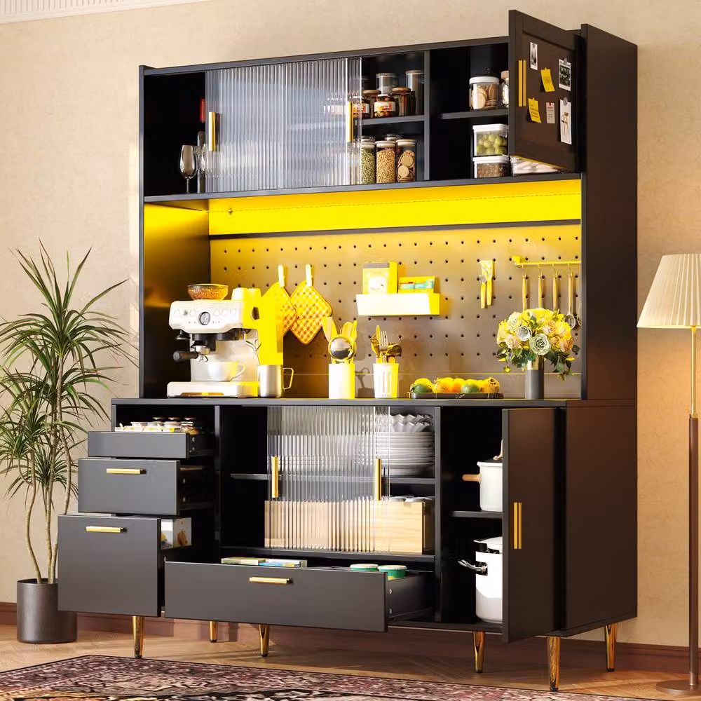 Merax Black Modern Kitchen Pantry Cabinet with Integrated Lighting and Sliding Glass Doors, H 180 x W 40 x D 40 cm – 2