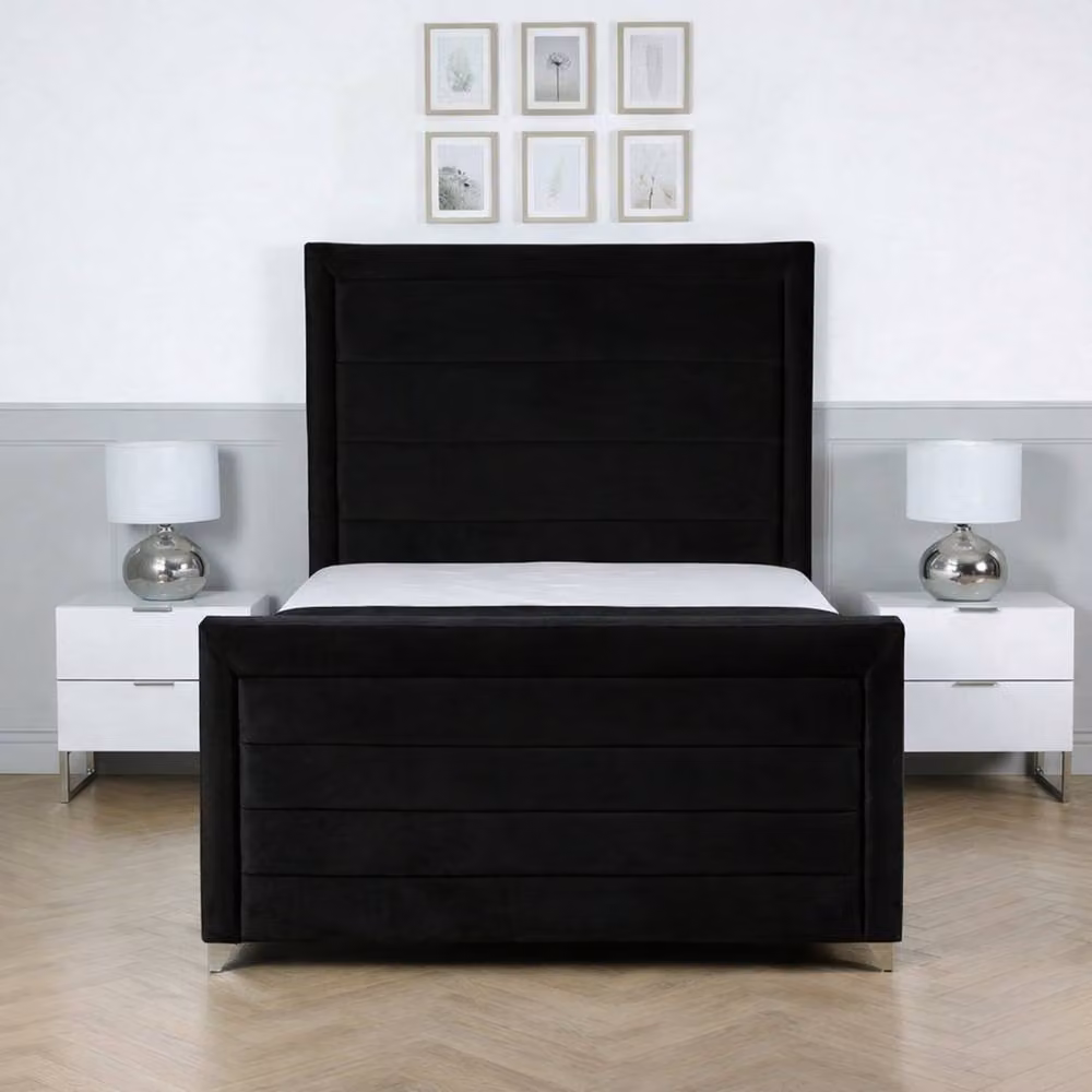 Living Comfort Bedz Selena Single Plush Velvet Upholstered Bed with Slatted Base and 48 Inch Headboard in Black, W/D/H: 90 x 200 cm – 2