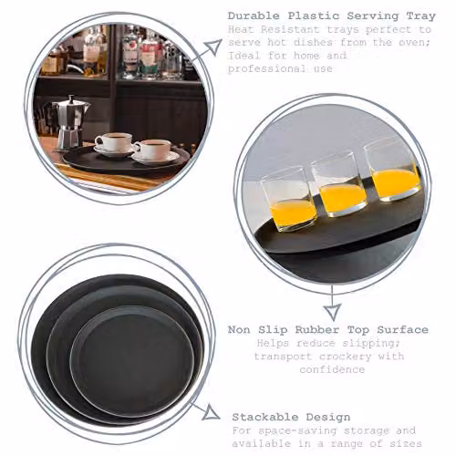 Argon Tableware Black Round Non-Slip Serving Trays, Pack of 6, Diameter: 28 cm – 2