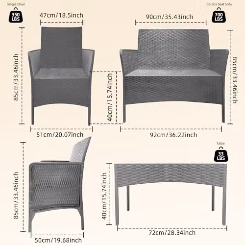 Alivio 4 Piece Rattan Furniture Set with Coffee Table, 2 Seater Sofa, Armchairs and Cushions, Grey and Black – 4