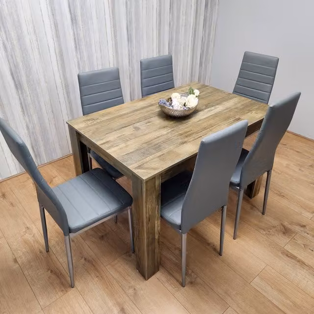Kosy Koala Rustic Effect Dining Table with 6 Grey Metal Chairs