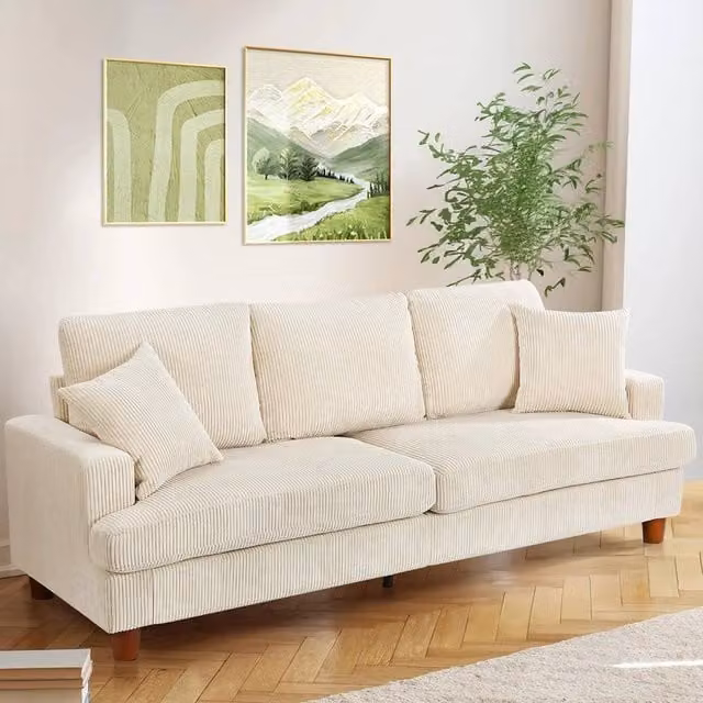 Dprodo Mid Century Modern 3 Seat Upholstered Sofa in Beige with Solid Wood Frame, W: 220 cm, H: 76 cm, D: 89 cm – 1