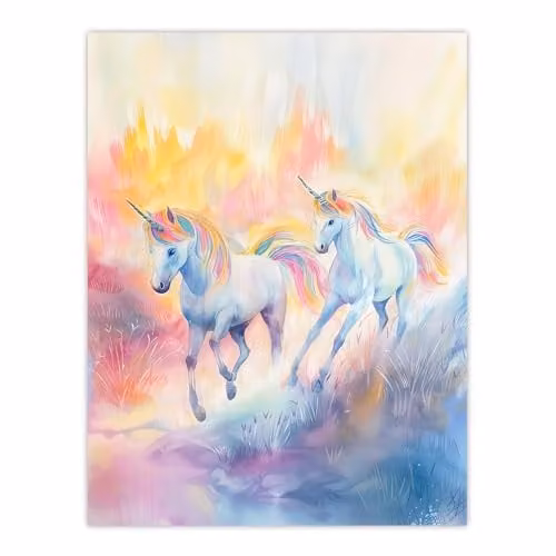 Artery8 Dreamy Rainbow Unicorns in Pastel Colour Forest Kids Nursery Wall Art Poster Print, W: 46 cm, H: 61 cm – 1