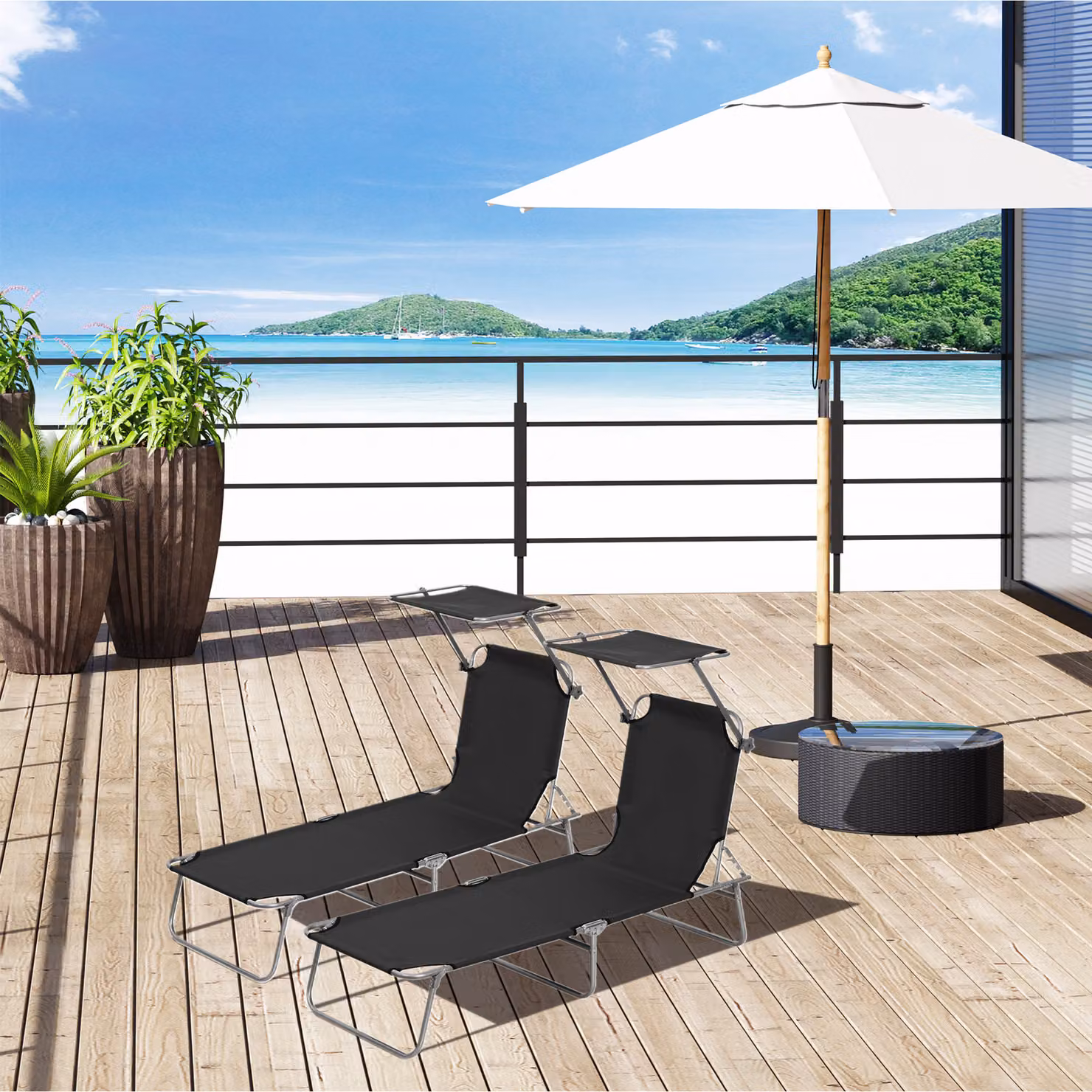 Outsunny 2 Piece Black Outdoor Foldable Sun Lounger Set with Removable Shade Canopy and Adjustable Backrest in Textilene Fabric – 2