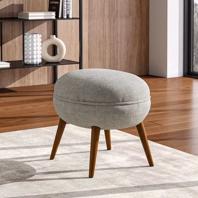 Livingandhome Oval Linen Upholstered Footstool with Rubberwood Legs in Beige
