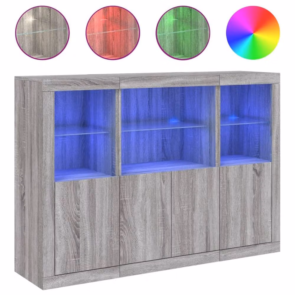 Berkfield Home Set of 3 Grey Sonoma Sideboards with Integrated LED Lighting and Glass Details – 2