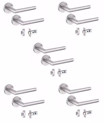 Golden Grace Mitred Door Handles on Round Rose, 5 Pairs, Satin Nickel