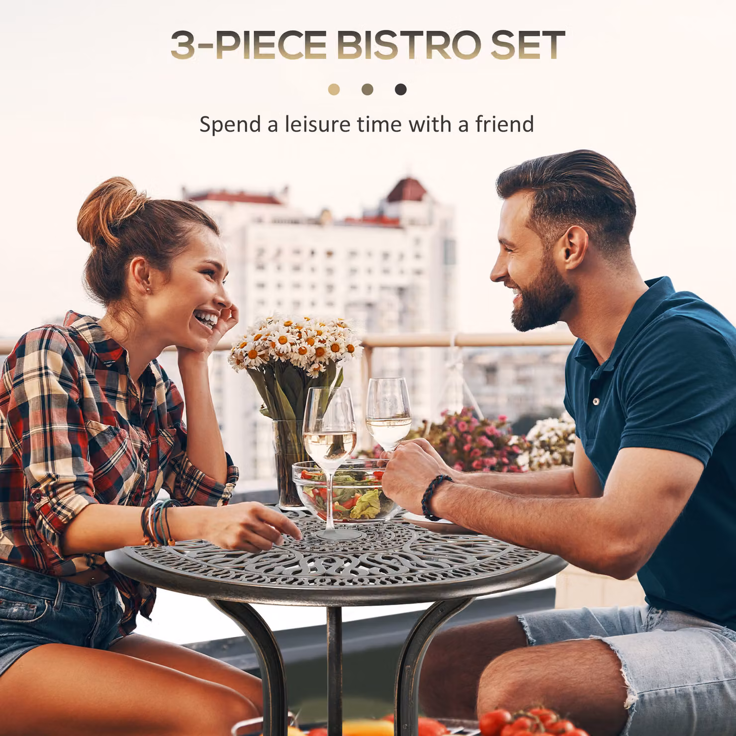 Outsunny 3 Piece Garden Bistro Set in Bronze Tone, featuring a Round Powder Coated Aluminium Table and 2 Chairs for your Patio or Terrace – 4