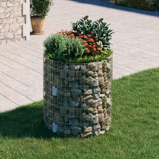 Berkfield Home Circular Galvanised Steel Gabion Post Planter in Silver, W/D/H: 100 x 100 x 100 cm