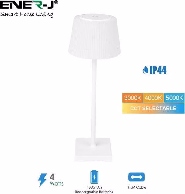 Ener-J 1000 Mile Women's Wireless LED Table Lamp, White, Dimmable, Rechargeable, IP44, Diameter: 40 cm, Height: 25 cm – 1