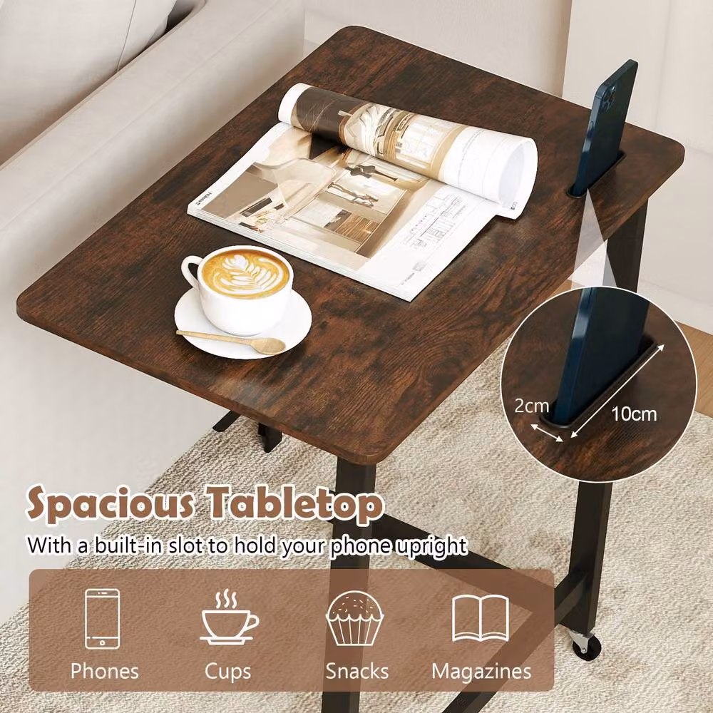 Costway C-shaped Mobile Bedside Table with Wheels and Built-in Phone Slot in Brown – 3
