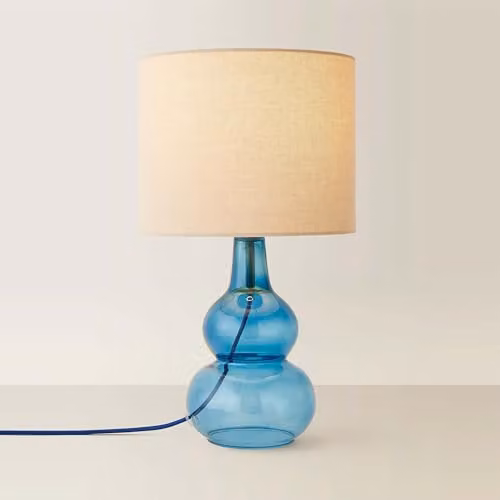 ValueLights Aida Table Lamp with Blue Bubble Glass and Natural Linen Tall Shade