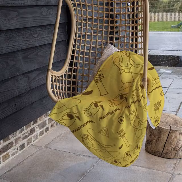 Benjamin Tate Design Pattern Of Egyptian Hieroglyphics Fleece Blanket in Yellow and Beige, W/D/H: 120 x 150 cm
