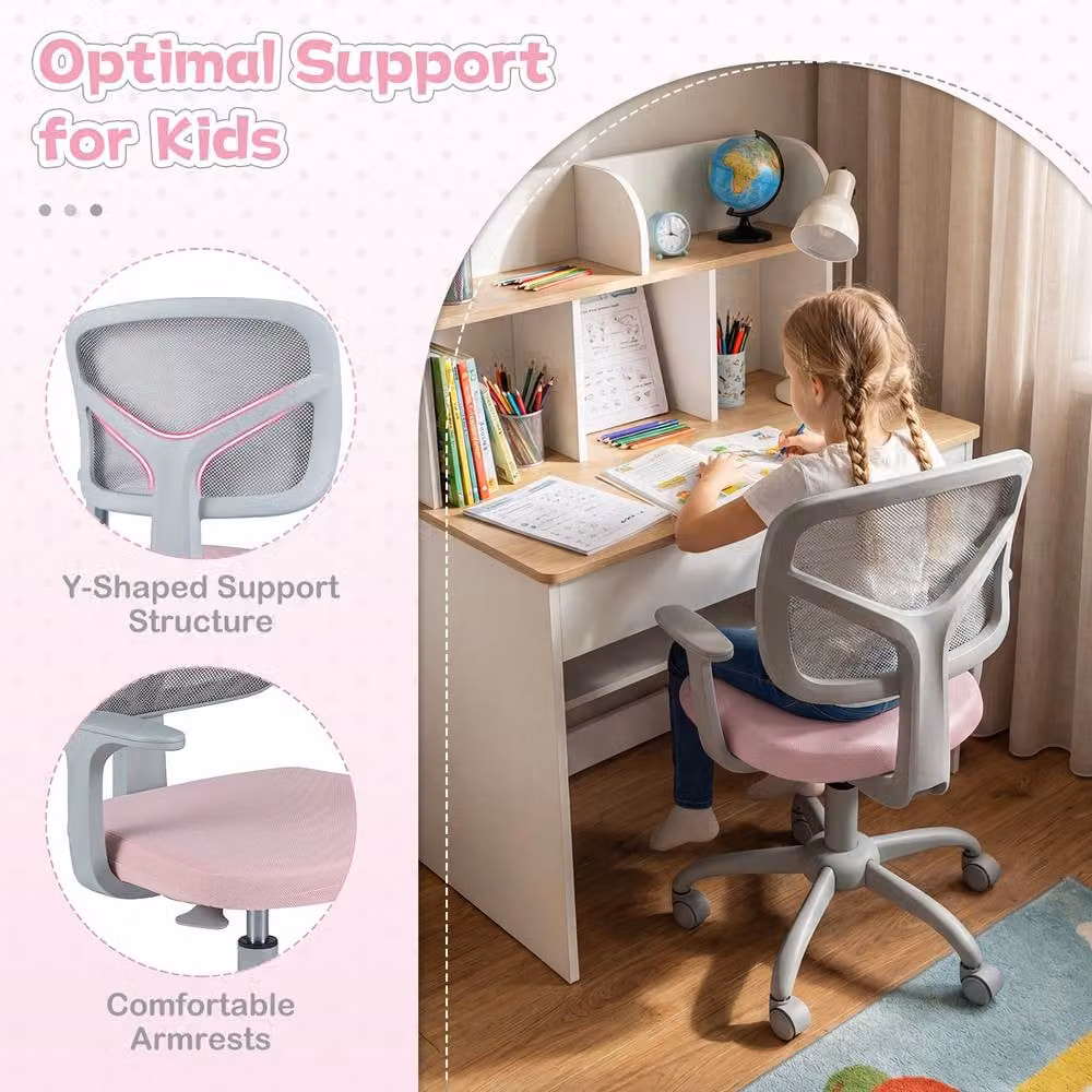 Costway Pink Mesh Kids Study Chair with Armrests and Swivel Function – 2