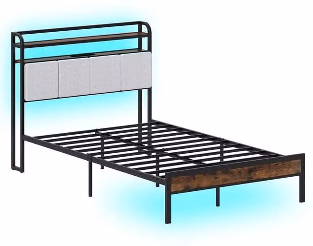 KORVIXA Double Size Industrial Metal Platform Bed Frame with Under-Bed Lighting, USB Charging Ports and Side Compartments, Black, W/D/H: 140 x 200 cm