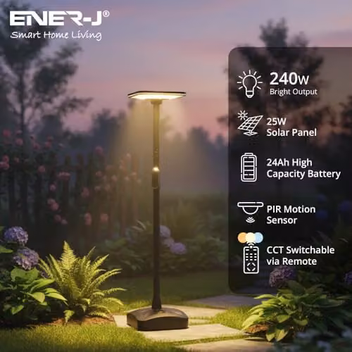 ENER-J 240W Solar LED Garden Bollard Light with PIR Motion Sensor, 25W Panel, 24Ah Battery, CCT Switchable and Remote Control, White – 2