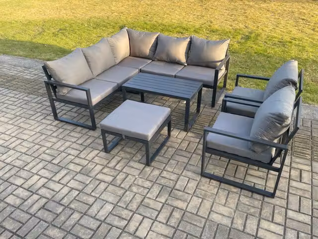 Fimous Aluminium Outdoor Garden Furniture Set in Dark Grey with 2 Seater Sofa, Coffee Table and Ottoman