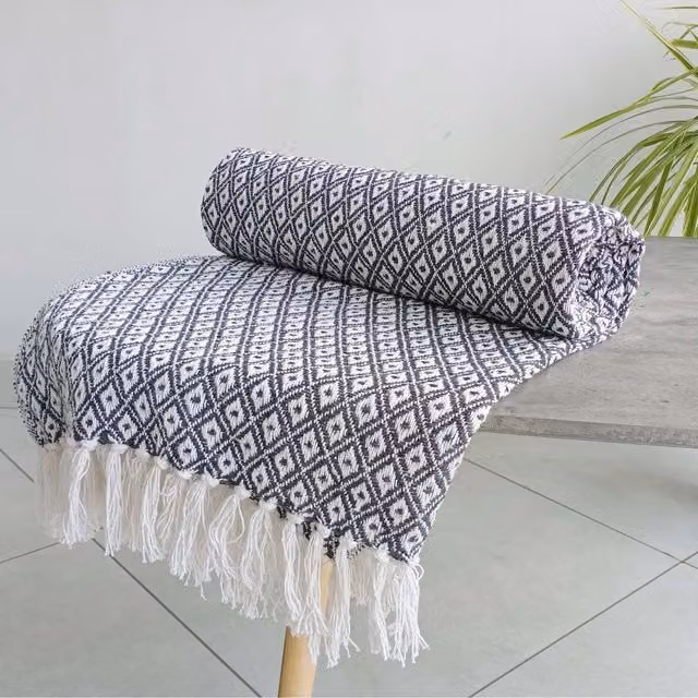 Rapport Home Eden Geometric Recycled Cotton Throw in Anthracite Grey, W/D/H: 228 x 254 cm