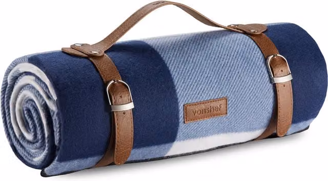 VonShef Checked Picnic Blanket in Blue with Waterproof Underside and Carry Handle, 180 cm