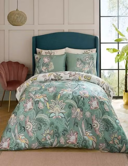 Sara Miller Passiflora Reversible Floral Mako Cotton Sateen Bedding Set, Green Mix, W: 140 cm, L: 200 cm