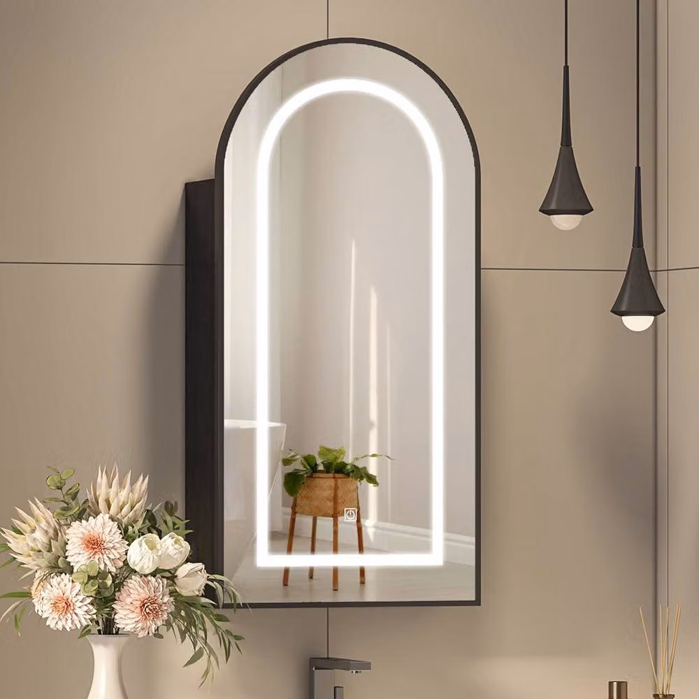 KEEPREAPER Arched Black LED Bathroom Mirror Cabinet with Shaver Socket and 2 Internal Shelves, W/H: 40 x 80 cm – 3