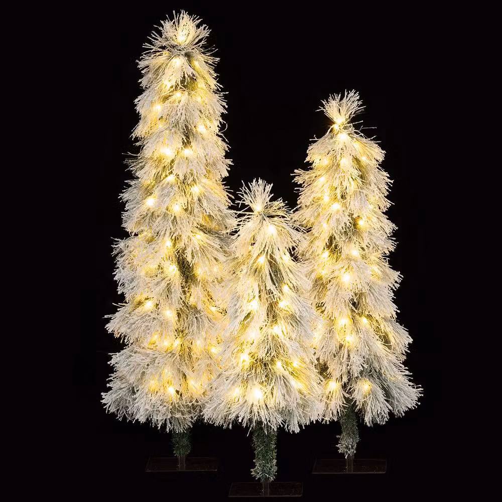 Gymax 3-Piece Pre-lit Snow Flocked Christmas Tree Set in Green and White – 2