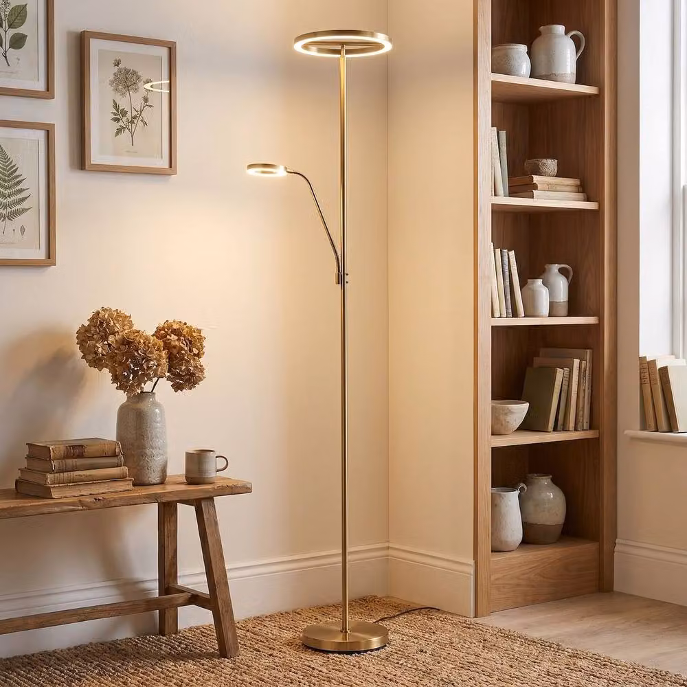 Happy Homewares Halo LED Mother and Child Floor Lamp in Antique Brass and Gold with Dimmable and Adjustable Features – 2