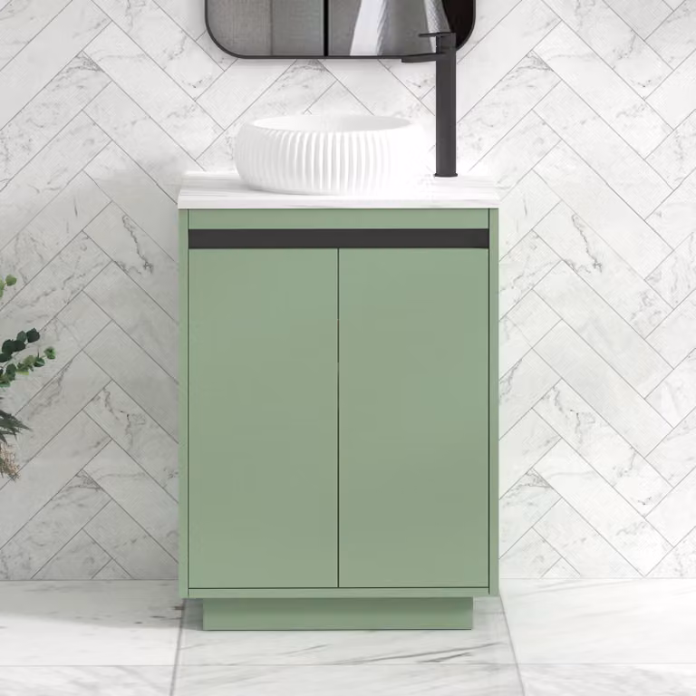 Royal Bathrooms Orion 600mm Mint Sage Floor Standing Countertop Vanity Unit with Milan Basin and Black Accent Trim