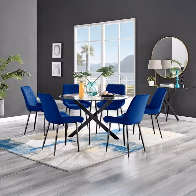 FurnitureboxUK Novara Round Glass Dining Table with 6 Pesaro Navy Blue Chairs, Diameter: 120 cm