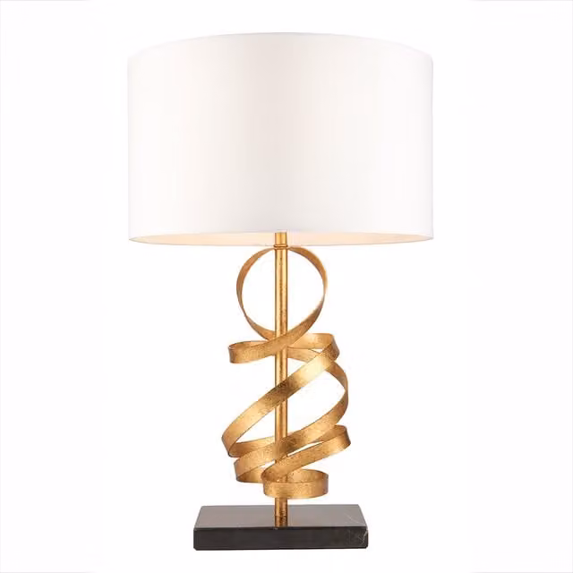 Perch & Parrow Gold and White Metal Tabletop Lamp with Fabric Cylinder Shade