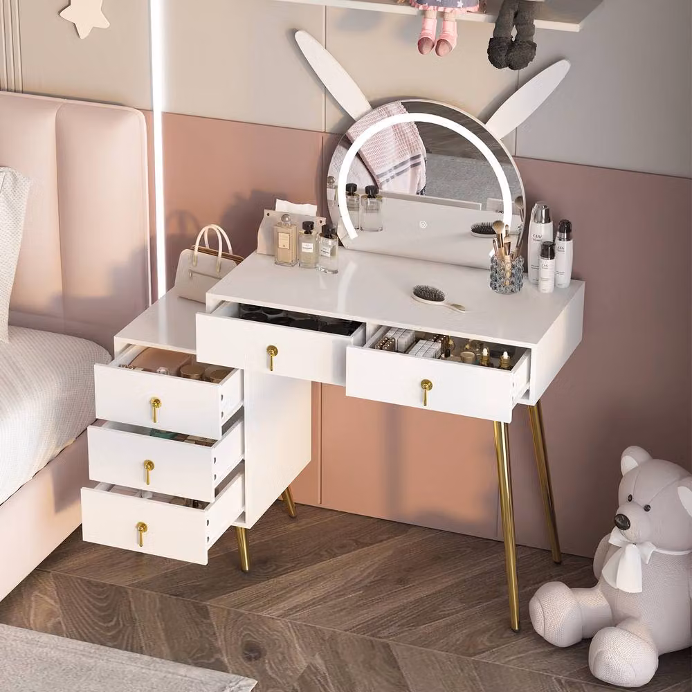 KEEPREAPER Modern Dressing Table with LED Mirror and 5 Drawers in White with Metal Legs – 3