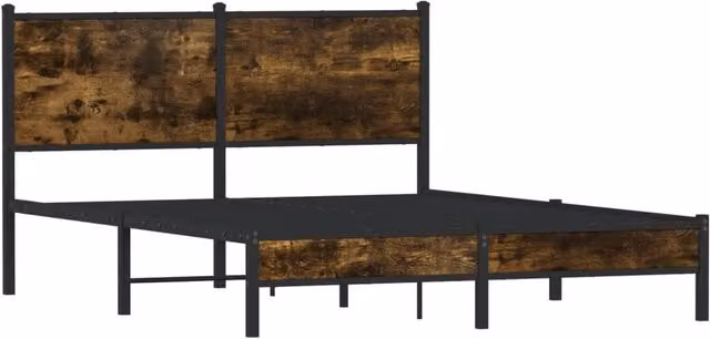 Berkfield Home Metal and Wood Bed Frame in Smoked Oak Brown, W/D/H: 200 x 140 x 91.5 cm