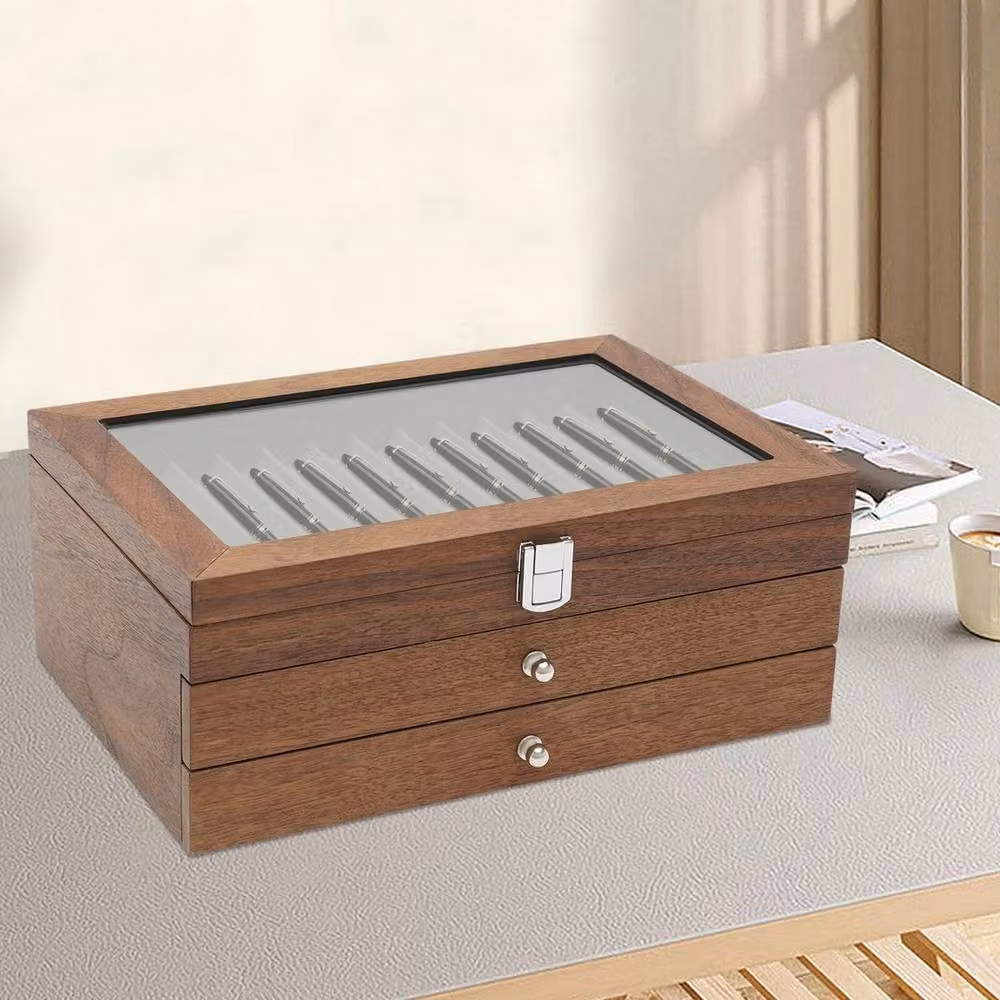 NESTLUNE 34 Slot Walnut Wood Fountain Pen Display Case with Transparent Lid in Brown – 3