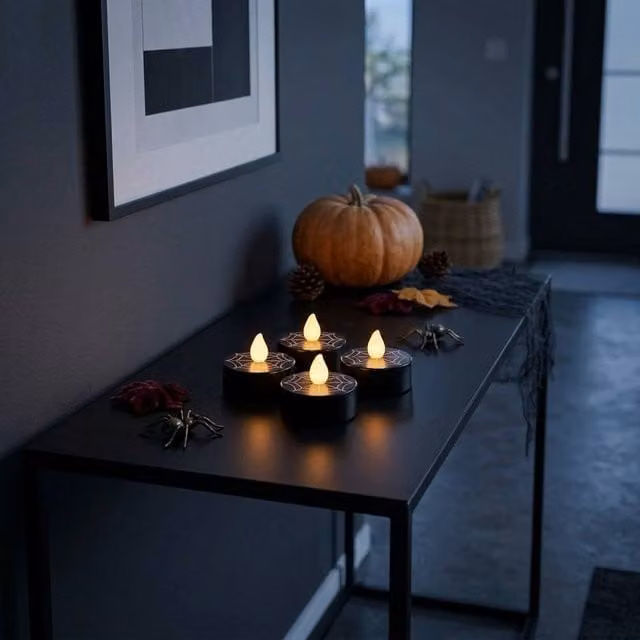 Garden Greatness 4 Pack Haunted LED Flickering Tealights in Black and Orange
