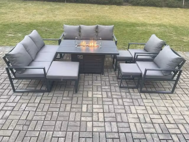Fimous Aluminium Outdoor Garden Furniture Set with Gas Fire Pit Dining Table and 3 Footstools in Dark Grey