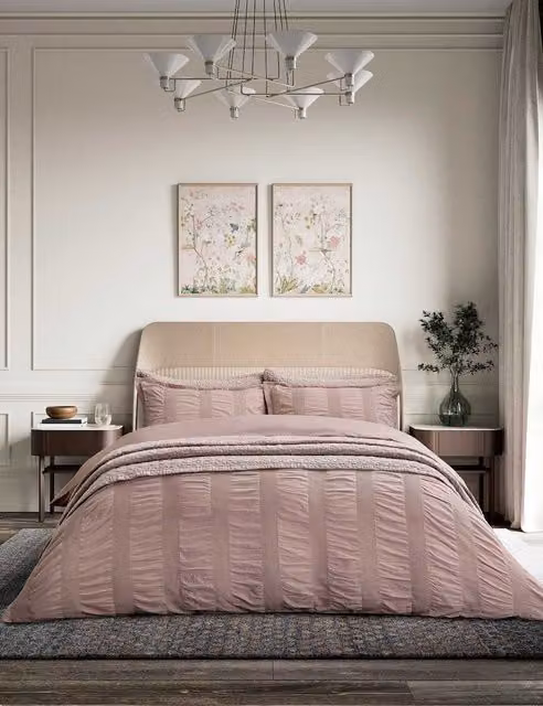 Bedeck of Belfast Pure Cotton Waffle Stripe Bedding Set, Pink, W: 200 cm x L: 200 cm
