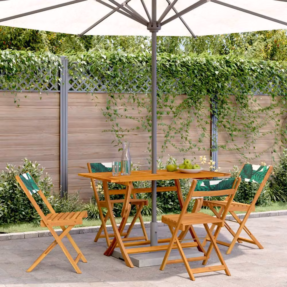 Berkfield Home Set of 4 Folding Garden Chairs in Green Floral Fabric and Natural Oiled Acacia Wood – 2