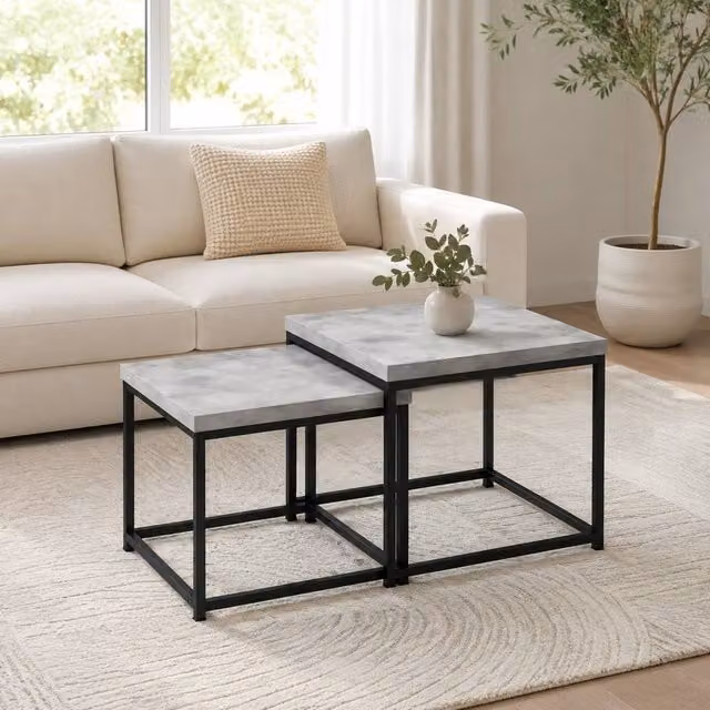 STILVORA Set of 2 Modern Square Nest of Tables in Grey with Melamine Finish