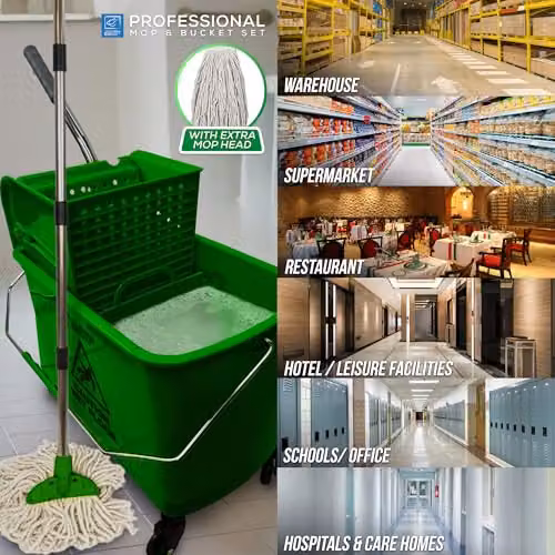 TDBS Kentucky Professional Floor Mop and Bucket Set with Wringer and Refillable Head, Green and Yellow – 6