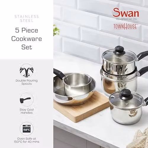 Swan Townhouse 5 Piece Stainless Steel Cookware Set in Silver with Glass Lids