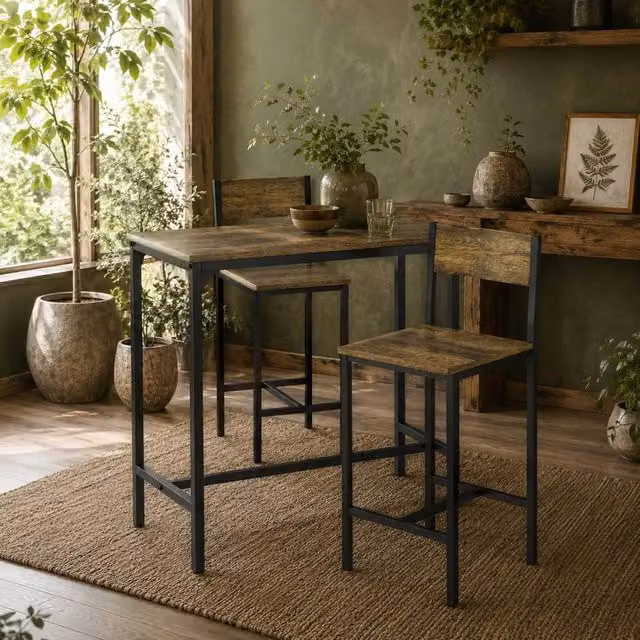 Wyld Haus Torakeno Industrial 3 Piece Bar Table and 2 Stool Set in Rustic Brown and Black