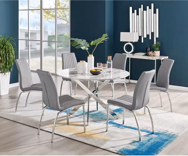 FurnitureboxUK Novara Round White Marble Effect Dining Table and 6 Isco Grey Faux Leather Chairs