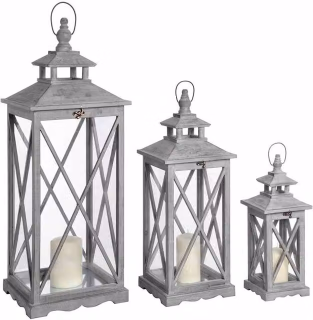 Lemon Pavilion Set of Three Grey Wooden Lanterns with Glass Panels