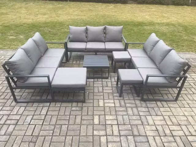 Fimous Dark Grey Aluminium Outdoor Garden Furniture Set with 3-Seater Sofa, Coffee Table and Ottomans