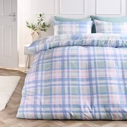 OHS King Size Watercolour Check Duvet Cover Set in Blue, Microfibre Polyester Bedding with Matching Pillowcases