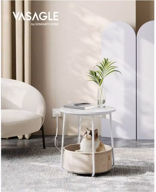 VASAGLE Round White Side Table with Fabric Basket, W/D/H: 45 x 45 x 50 cm